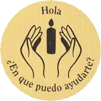 a sticker with two hands holding a candle and the words hola en que puedo ayudarte