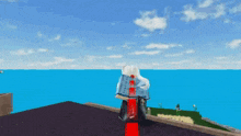a girl is standing on a ledge in a video game .