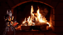 a skeleton is standing in front of a fireplace