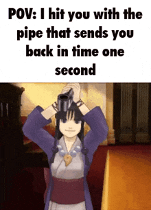 a girl in a kimono is holding a gun and says pov : i hit you with the pipe