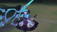 a girl with blue hair holding a blue sword
