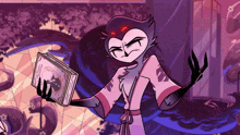 a cartoon character is holding a book with a cat on the cover