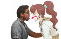 a cartoon of a man and a girl kissing with pink cheeks