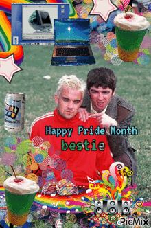 a poster that says happy pride month bestie with two men