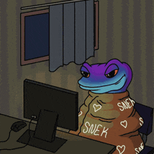 a cartoon of a lizard wrapped in a sweater that says soek on it