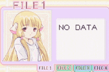 a computer screen shows a girl with long blonde hair and the words file 3 no data