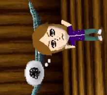 a pixel art of a person standing on a wooden floor