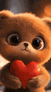 a cute teddy bear is holding a red heart in its hands .