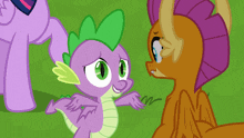 a cartoon of a dragon and a pony talking