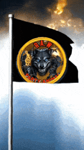 a black flag with a picture of a wolf and the words raw party animal
