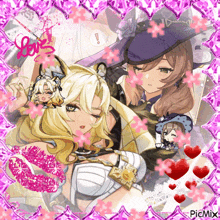 a picture of two anime girls surrounded by hearts with the word love written in the middle