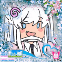 a picture of a girl with white hair is surrounded by flowers and butterflies and says picmix