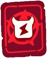 a red square with a white devil with horns and a lightning bolt inside of it .