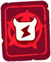 a red square with a white devil with horns and a lightning bolt inside of it .