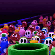 a group of cartoon characters are gathered around a green pipe in a dark room