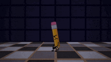 a yellow pencil with a pink eraser and arms and legs