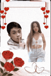 a picture of a boy and a girl with roses and hearts