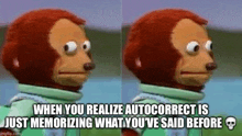 a stuffed monkey is making a funny face with the caption when you realize autocorrect is just memorizing