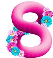 a pink number 8 with pink and blue flowers around it