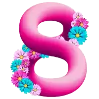 a pink number 8 with pink and blue flowers around it