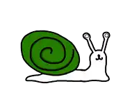 a drawing of a snail with a green shell and two eyes