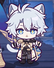 a cartoon character with white hair and blue eyes is standing in a room
