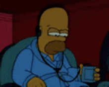 homer simpson is wearing headphones and holding a cup of coffee while sitting in a chair .