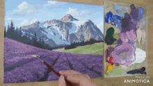 a painting of a purple field with mountains in the background is made by animatica