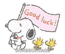 snoopy and woodstock are holding a pink flag that says good luck .