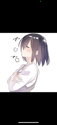 a drawing of a girl with her arms crossed and her eyes closed