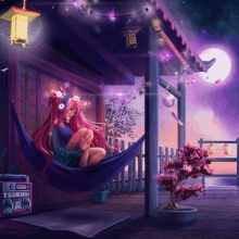 an illustration of a girl in a hammock with a tsukimi boombox