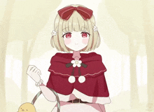 a drawing of a little red riding hood holding a yellow bird