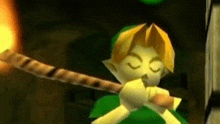 a video game character is playing a flute in a video game .