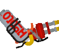 a close up of a red and silver machine with a can of soda in the background .