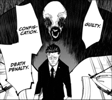 a man in a suit and tie stands in front of a monster that says guilty and confes-cation
