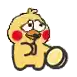 a yellow cartoon chicken with red cheeks is holding a fist in the air .