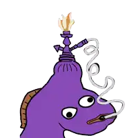 a purple cartoon character smoking a hookah and giving a heart sign
