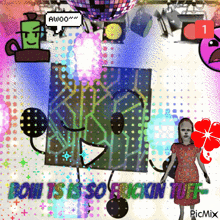 a girl in a red dress stands in front of a disco ball with the words bom is so fuckin tuff
