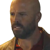 a bald man with a beard is wearing a red shirt and a brown jacket