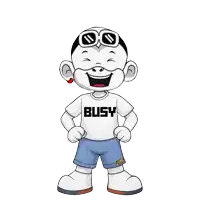 a cartoon character wearing a white shirt that says busy