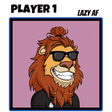 a cartoon of a lion wearing sunglasses and a shirt with player 1 lazy af written below it