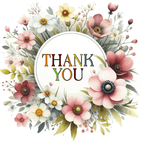 a thank you card with flowers and leaves 