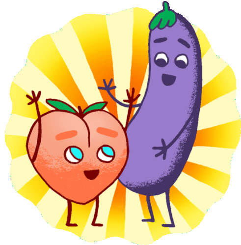 Peach And Eggplant Surrounded By Rays Of Light Sticker - Peachieand Eggie Google Happy Stickers