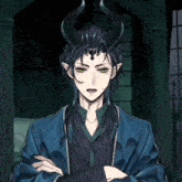 a man with horns on his head is holding a piece of paper