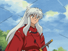 a cartoon character with long white hair and a red shirt