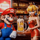 mario and princess peach are standing next to each other holding a mug of beer .