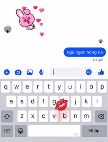 a keyboard with a sticker of a bunny and hearts and a message that says " ngũ ngon hong na "