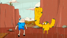 a cartoon character with a yellow fist standing next to another character