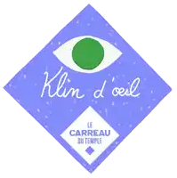 a blue diamond with a green eye and the words klin d ' oeil