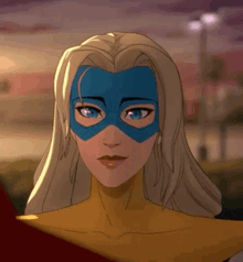 a cartoon drawing of a woman wearing a blue mask